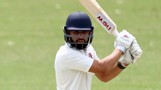 Shobit Singh of Dandenong bats during the Victorian Premier Cricket Kookaburra Men's Premier Firsts Round 4 match between Dandenong and Greenvale Kangaroos at Shepley Oval, on November 16, 2024, in Melbourne, Australia. (Photo by Josh Chadwick)