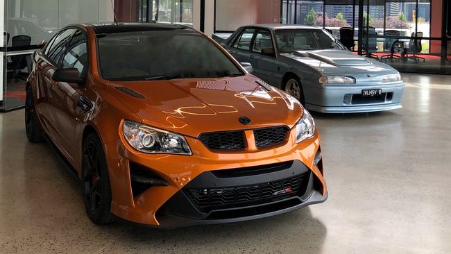 A 2017 HSV GTS-R W1 (left) with one of the original "Walkinshaw" HSV Commodores (right), a VL SS Group A from 1988. Picture: Joshua Dowling.