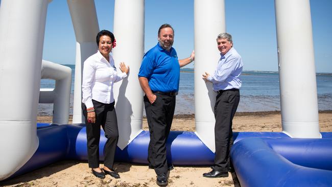 Moreton Bay Regional Councillor Koliana Winchester, AquaSplash CEO Matt Devine and Mayor Allan Sutherland. Photo: Dominika Lis