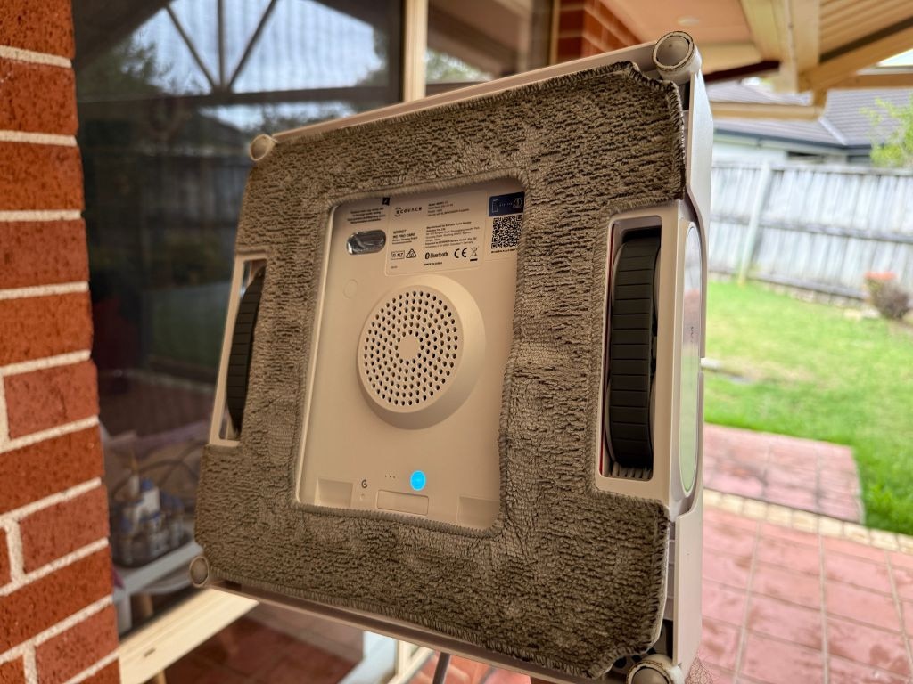 Using suction to attach to your window, the W2 Pro Omni has a microfibre cloth that wipes your glass clean. Picture: Supplied/Nick Broughall.