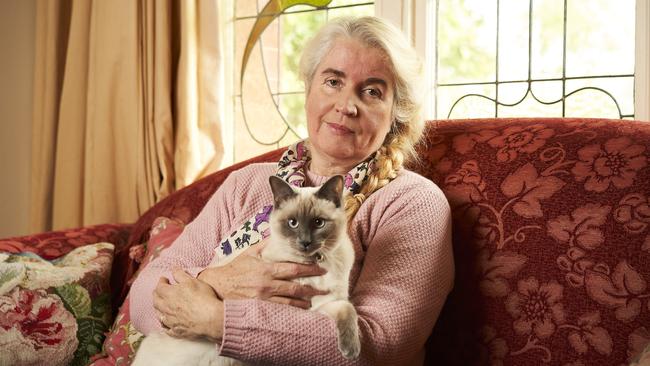 Jayne Kader and her cat Dido at home in Rose Park. Picture: Matt Loxton