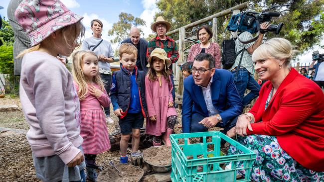 Daniel Andrews and wife Catherine with kinder kids. Picture: Jake Nowakowski