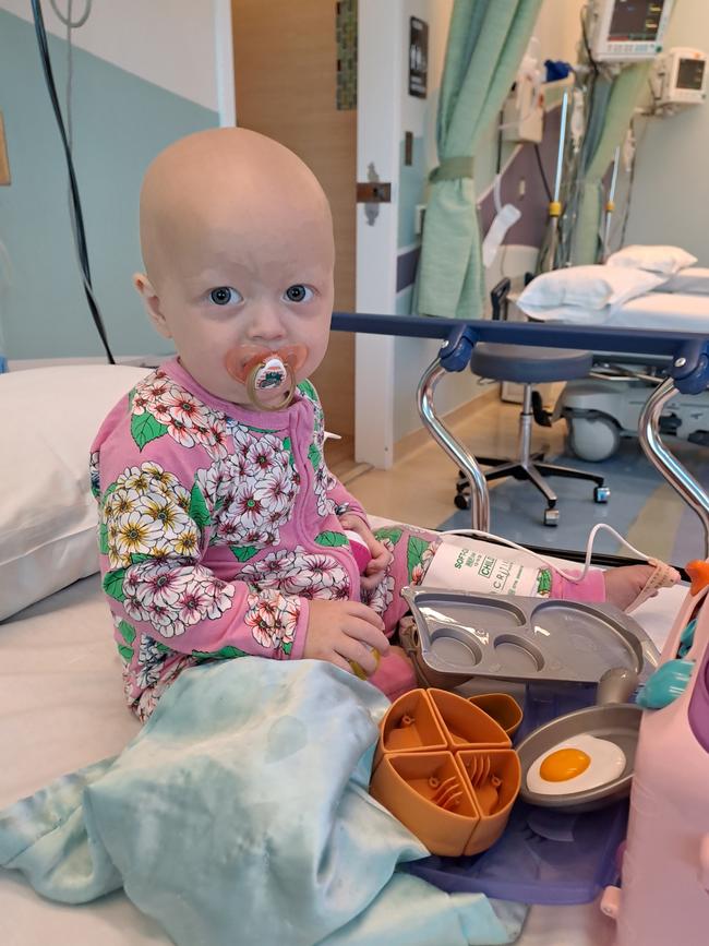 Evelyn, now almost 4, was diagnosed with a rare cancer at 7 months of age and underwent proton therapy treatment in the US. Picture: Supplied