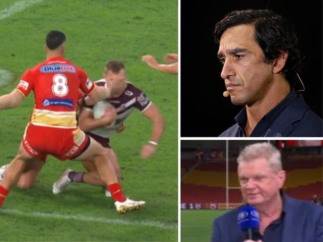 Paul Vautin, Johnathan Thurston and Cameron Smith have unloaded. Photo: Fox Sports, Channel 9 and Getty Images