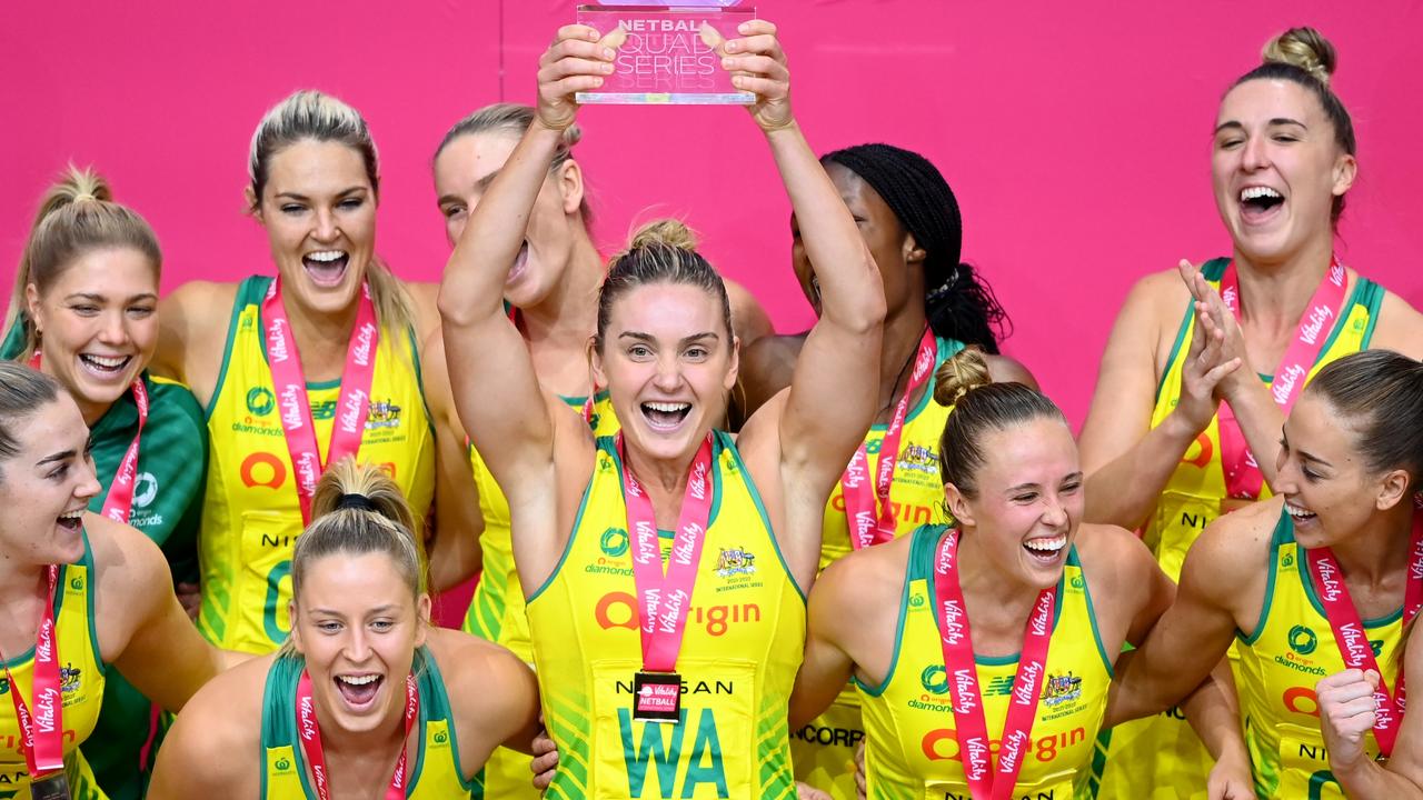 Liz Watson of Australia lifts the trophy on Thursday. Getty Images