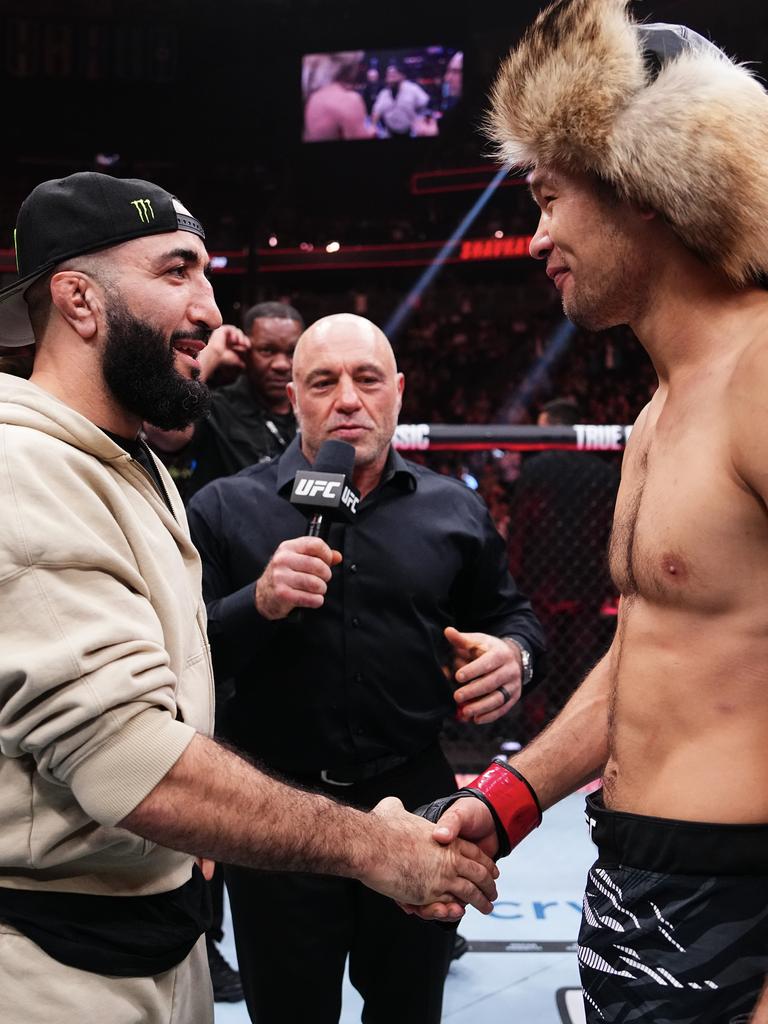 Muhammad (L) had been linked to a title defence against Shavkat Rakhmonov (R). Picture: Jeff Bottari/Zuffa LLC