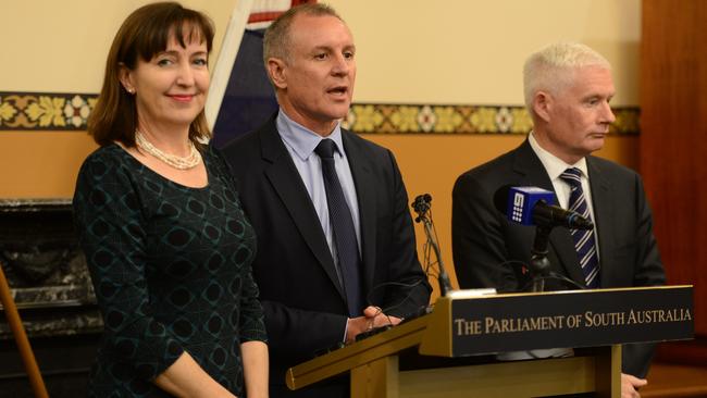 Child Development Minister Susan Close, Premier Jay Weatherill and Child Protection Reform Minister John Rau speak to media about the Government’s response to the Nyland report. Picture: Tricia Watkinson.