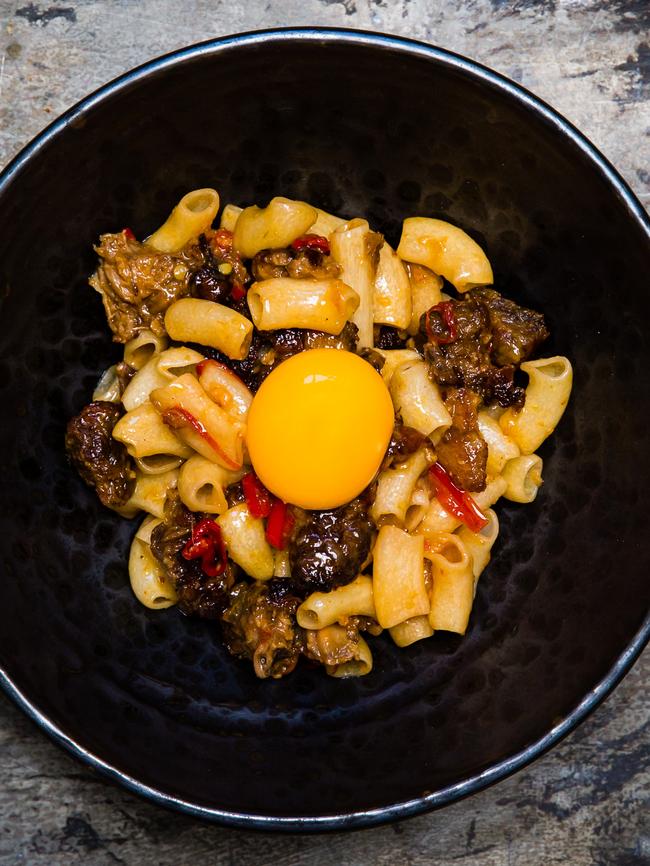 Acme macaroni, pigs head and egg yolk.