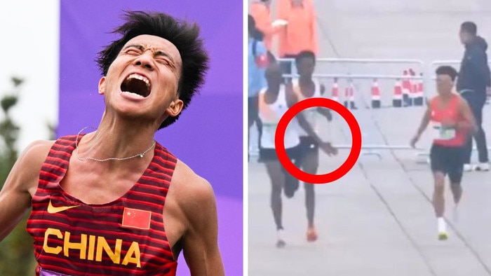 Bizarre video footage captured the moment three East African runners appeared to wave a Chinese athlete ahead of them during the Beijing Half Marathon on Sunday, allowing him to win first place.