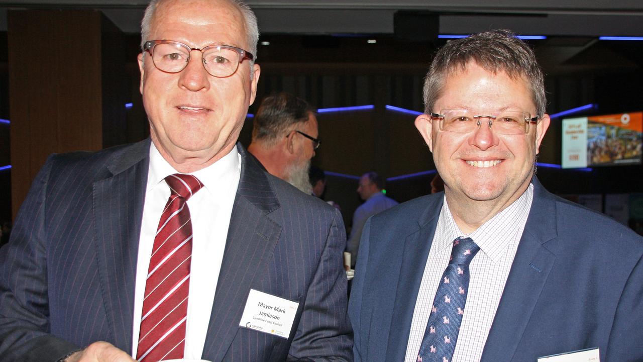 Sunshine Coast Mayor Mark Jamieson and Council's Craig Matheson at the Caloundra Chamber of Commerce Better Business Breakfast, The Digital Invasion, in the Events Centre.