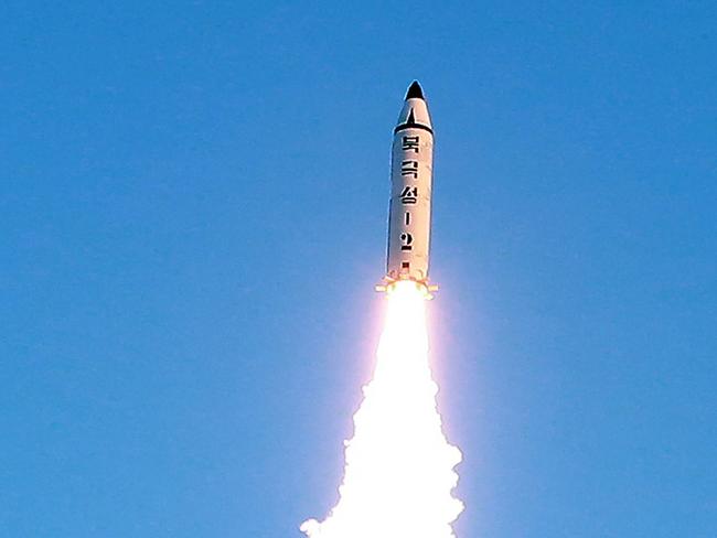 A surface-to-surface medium long-range ballistic missile Pukguksong-2 is launched at an undisclosed location. Picture: AFP/KCNA via KNS