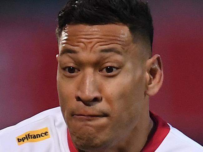 PERPIGNAN, FRANCE - FEBRUARY 15: Israel Folau of Catalans Dragons in action during the Betfred Super League match between Catalans Dragons and Castleford Tigers at Stade Gilbert Brutus on February 15, 2020 in Perpignan, France. (Photo by Alex Caparros/Getty Images)