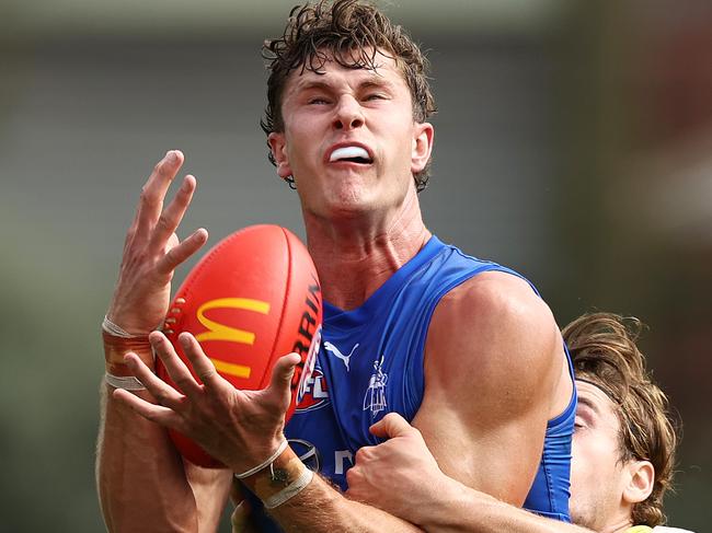 MELBOURNE . 18/02/2023.  AFL . North Melbourne intra club practise match at Arden street Oval.  Charlie Comben marks  . Pic: Michael Klein