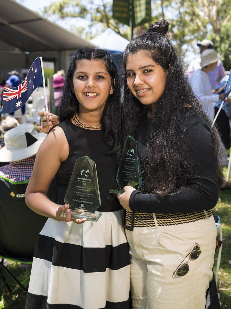 Krishnapriya (left) and Radhika Bhardwaj are the Toowoomba District Young Citizen of the Year award recipients on Australia Day 2021 at Picnic Point. Picture: Kevin Farmer