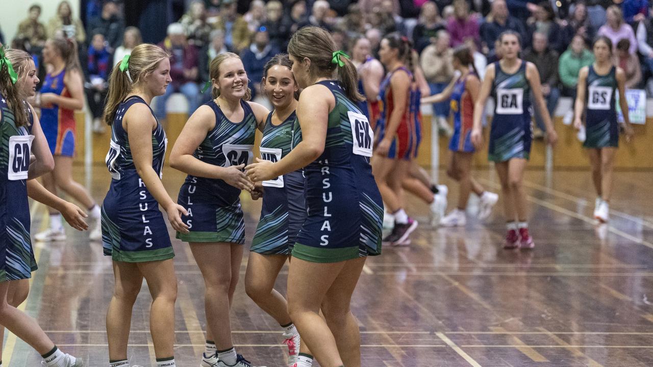 St Ursula's Senior B team celebrate defeating Downlands Second VII in Merici-Chevalier Cup netball at Salo Centre, Friday, July 19, 2024. Picture: Kevin Farmer