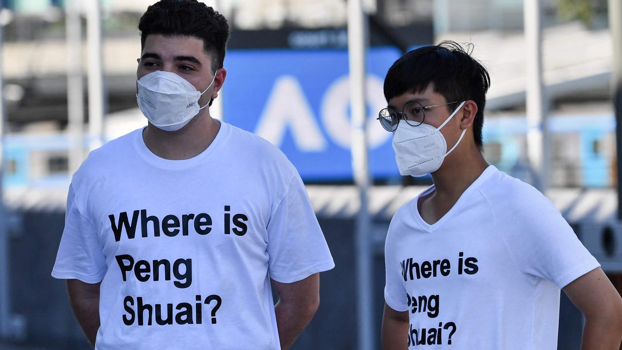 Australian human rights campaigner Drew Pavlou (L) is pictured wearing a "Where is Peng Shuai?" T-shirt. Photo by Paul Crock / AFP.