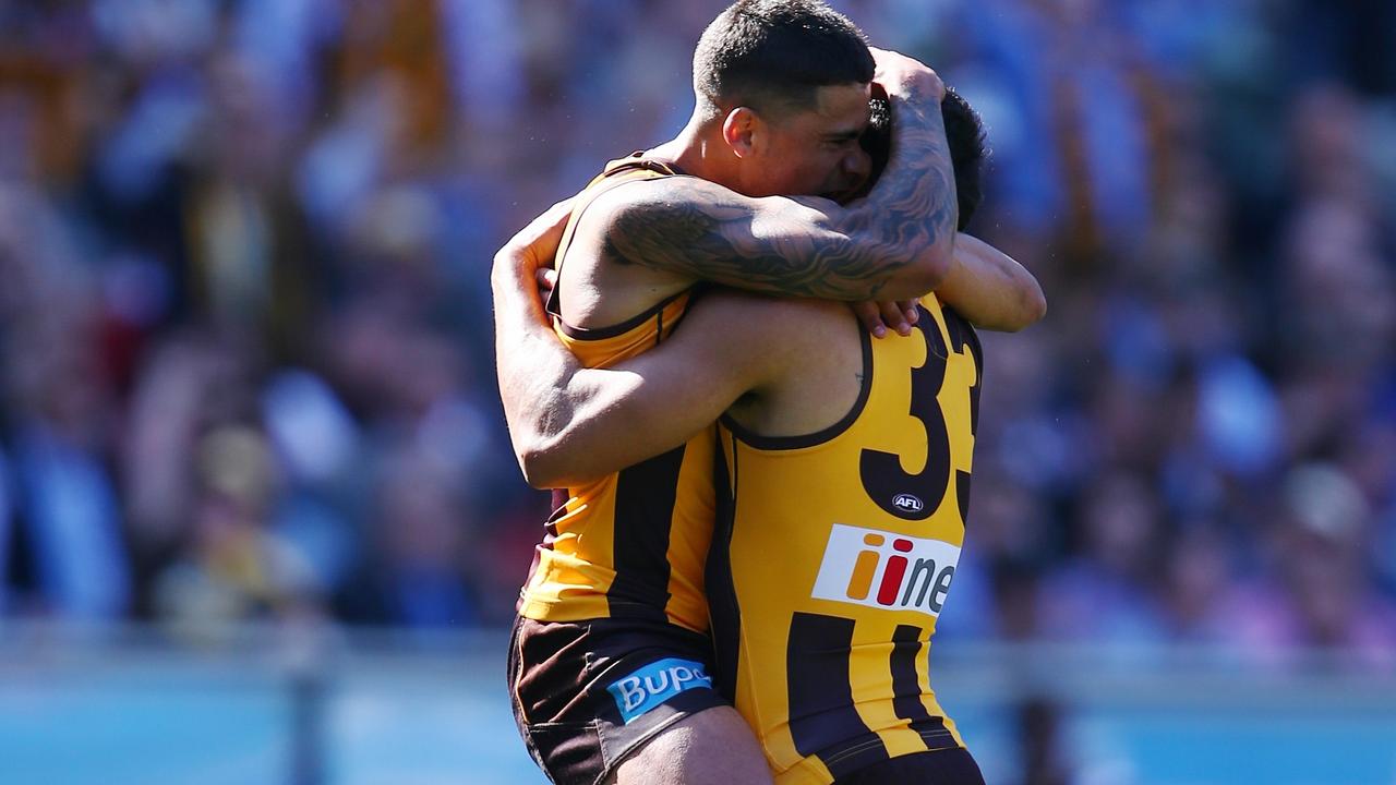 Brad Hill jumps into the arms of Cyril Rioli during the 2014 Grand Final won by Hawthorn. Picture: Michael Klein