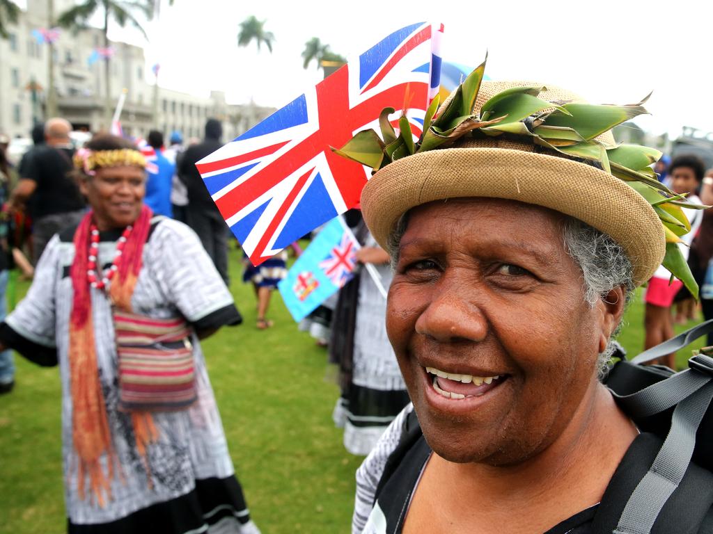 Crowds gather for the arrival of The Duke and Duchess of Sussex, Prince Harry and Meghan at Prince Albert Park in Suva for their traditional welcome to Fiji. Picture: Nathan Edwards.