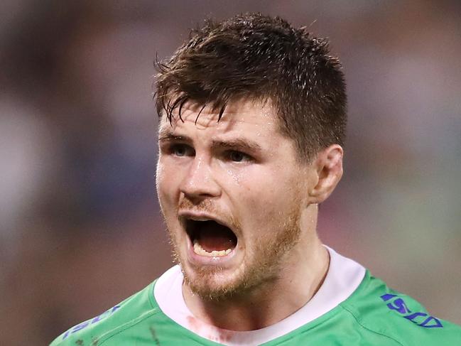 CANBERRA, AUSTRALIA - APRIL 21: John Bateman of the Raiders gestures to the crowd during the round 6 NRL match between the Canberra Raiders and the Brisbane Broncos at GIO Stadium on April 21, 2019 in Canberra, Australia. (Photo by Mark Kolbe/Getty Images)