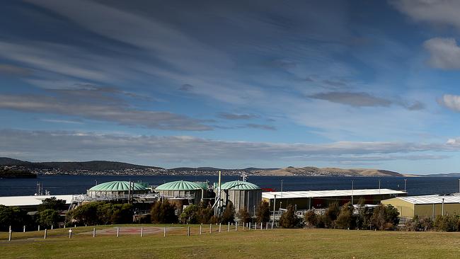 Macquarie Point redevelopment site with wastewater treatment plant on left