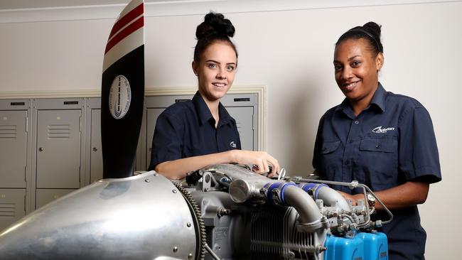 Aviation Australia's Cairns base has long encouraged more women to join the industry. Nikoda Turnbull and Linda Eremas undertook a Cert IV in Aircraft Engineering with Aviation Australia. Picture: Marc McCormack