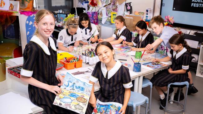 Pulteney Grammar School students Amelia Neave, 11, and Katie Hillman, 10, are involved in an exhibition to tackle the climate emergency, Create4Adelaide as part of Adelaide Festival. Picture: Morgan Sette