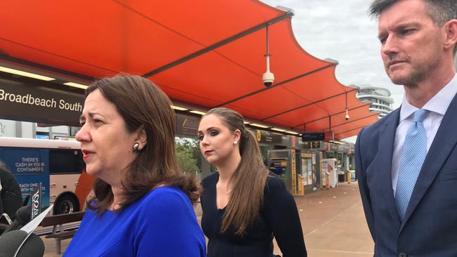 Premier Annastacia Palaszczuk with member for Gaven Meaghan Scanlon and Minister Mark Bailey at the Broadbeach South tram station last week.