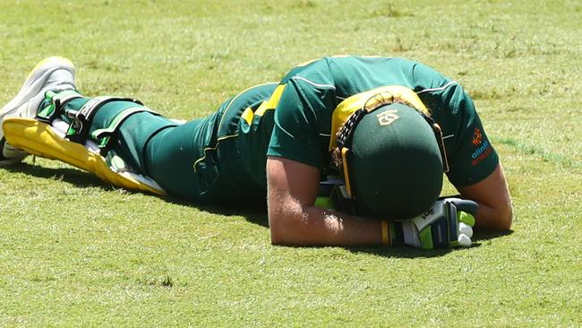 GOLD COAST, AUSTRALIA - FEBRUARY 02: Will Pucovski of Australia XI falls during the tour match between the Australia XI and the England Lions at Metricon Stadium on February 02, 2020 in Gold Coast, Australia. (Photo by Chris Hyde/Getty Images for ECB)