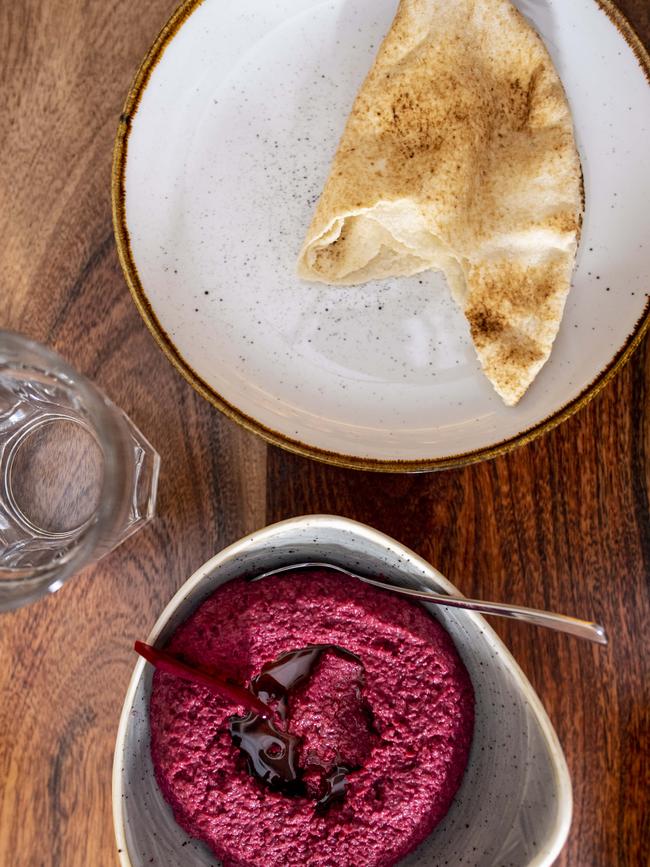 Beetroot dip and Lebanese bread. Picture: Monique Harmer