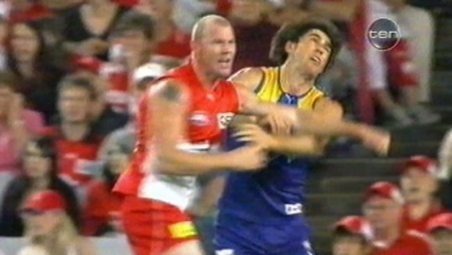 The infamous Barry Hall strike on West Coast’s Brent Staker. It would cost him seven games.