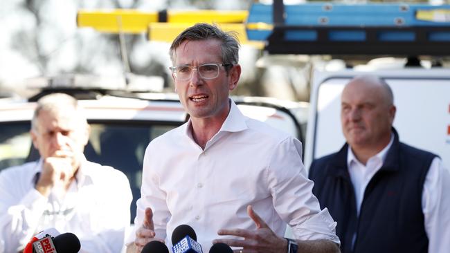 Premier Dominic Perrottet during a press conference at the SES Divisional Command in Forbes on Thursday. Picture: Jonathan Ng