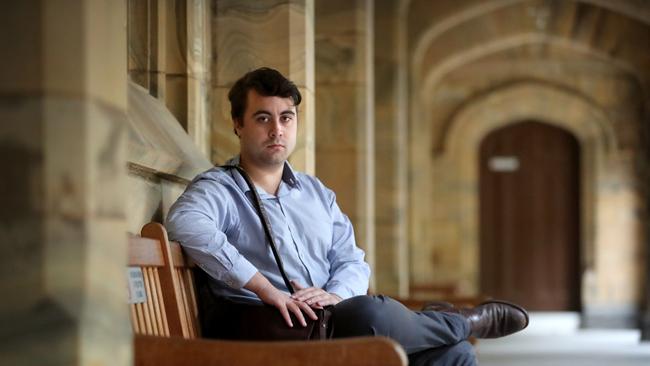 22/04/2019 Thom Carlyle-James, 21 at Melbourne University.  He says that campus life is hostile to students with right wing politics, an atmosphere stoked by the regular presence of GetUp and socialist alternative, and tutors and lecturers who represent capitalist and liberal thinkers such as John Stuart Mill as "old racists".picture : David Geraghty / The Australian.