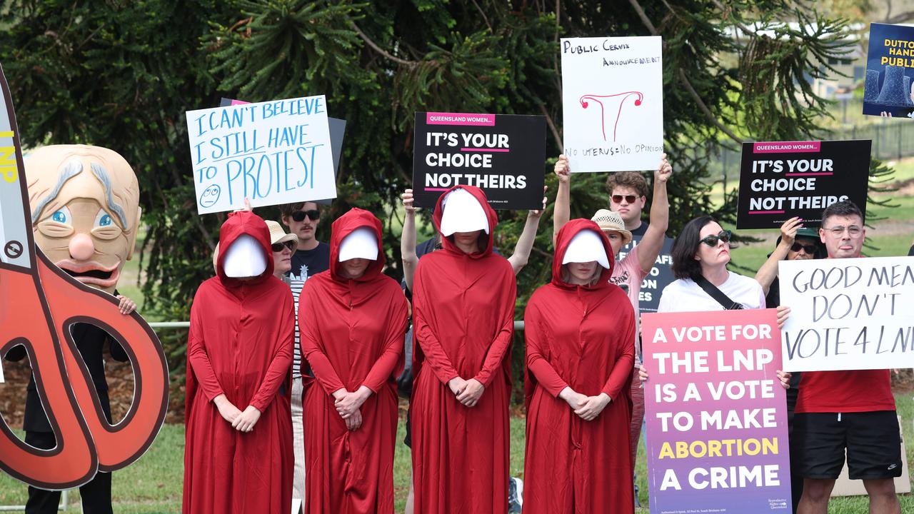 Protesters outside the Ipswich Showgrounds ahead of the LNP campaign launch. Picture: Liam Kidston