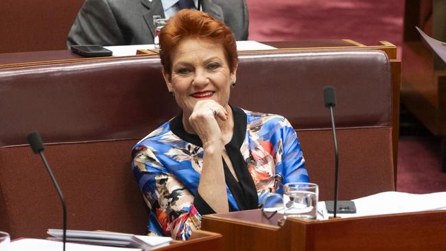 Senator Pauline Hanson during Question Time in the Senate at Parliament House in Canberra. Picture: NCA NewsWire / Martin Ollman