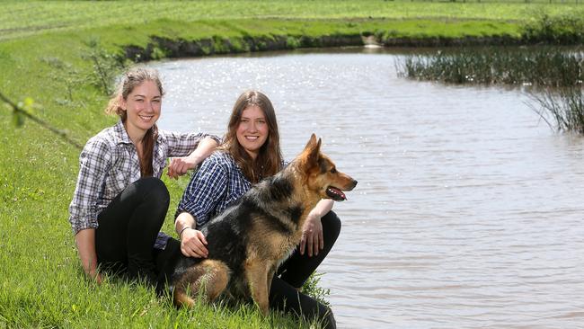 Sophia and Caroline with their dog, Poppy. Picture: Yuri Kouzmin