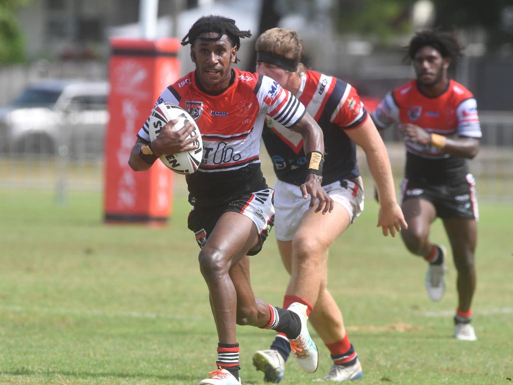 Kirwan State High School hosts St Patrick's College, Mackay, in round 1 of the 2025 Aaron Payne Cup. Kirwan's Manua Dau runs 60 meters for individual tray. Picture: Evan Morgan