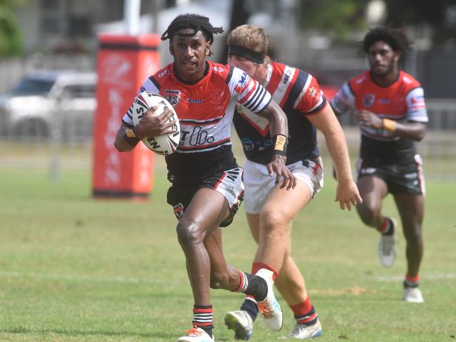 Kirwan State High School hosts St Patrick's College, Mackay, in round 1 of the 2025 Aaron Payne Cup. Kirwan's Manua Dau runs 60 meters for individual tray. Picture: Evan Morgan