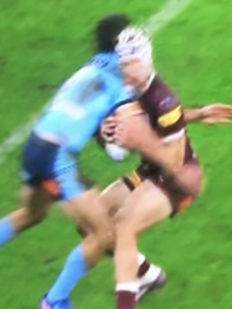 Kalyn Ponga was crunched by Nathan Cleary. Picture: Channel 9