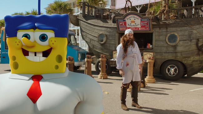 Busy nonsense ... SpongeBob SquarePants (as The Invincibubble) and Antonio Banderas (as Burger Beard) in Sponge out of Water.