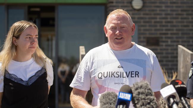 Ms Murphy’s husband Michael and daughter Jess address the media on February 8. Picture: NCA Newswire / Nicki Connolly