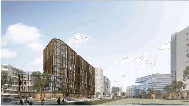 An artist impression of the development (left) at the proposed 44m height restriction.