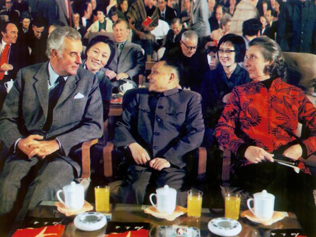 Gough Whitlam, interpreter Li Zhong (in background), Chinese Deputy Premier Deng Xiaoping and Margaret Whitlam during the visit to China in 1973.