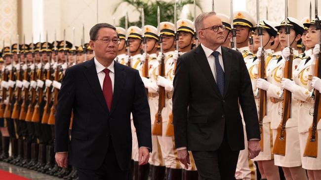 Prime Minister Anthony Albanese arrives to a ceremonial welcome with Chinese Premier Li Qiang at the Great Hall of the People in Beijing. Picture: X (Twitter)