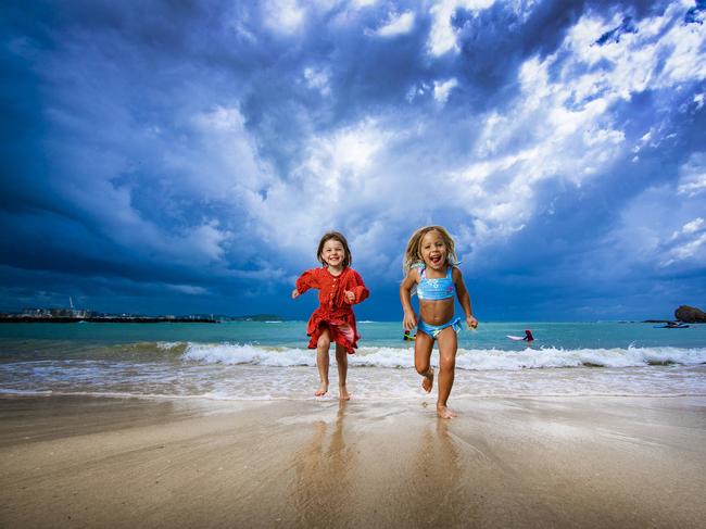 Stormy Weather - Gold Coast.Minnie Scott, 4 and Lexi Colebert, 3 both from Elanora pictured enjoying the stormy weather at Currumbin Alley.Picture: NIGEL HALLETT*** Mum Krystal Hayward *** 0401853983 ***