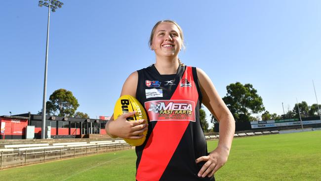 West Adelaide Football Club’s Chelsea Biddell is the round two SANFLW Player of the Week after breaking the competition record for most individual goals in a game. Picture: AAP/Keryn Stevens