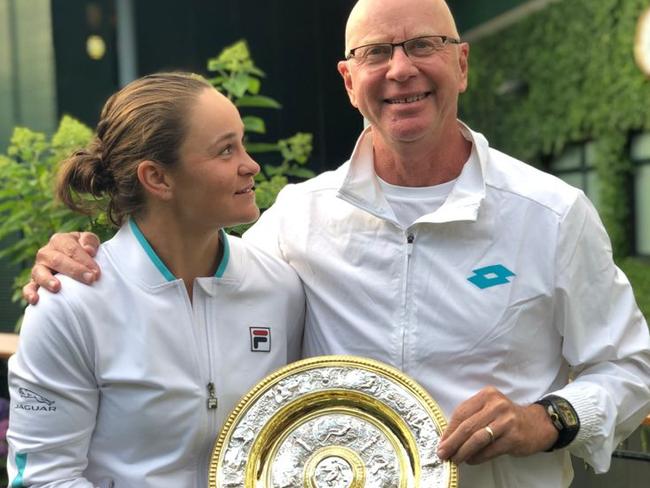 Ash Barty with coach Craig Tyzzer after her Wimbledon win. Picture: Supplied