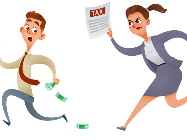 Funny cartoon businessman with money in his hand runs away from the tax inspectors. Excessive financial burden, pressure from tax service. Vector illustration. Isolated on white.