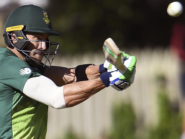 South Africa's Faf du Plessis plays a shot against Australia in Hobart. Picture: AFP