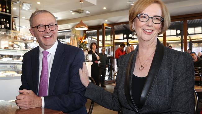 Federal Labor leader Anthony Albanese pictured in the SA electorate of Sturt having coffee with Julia Gillard and other Labor members. Picture: Sam Ruttyn