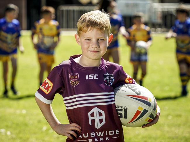 State of Origin presser outside Adelaide Oval - Jakob McCafferty gets in the mood for the game - (their dad is Jamie 0402127114), Tuesday September 15, 2020 - pic Mike Burton